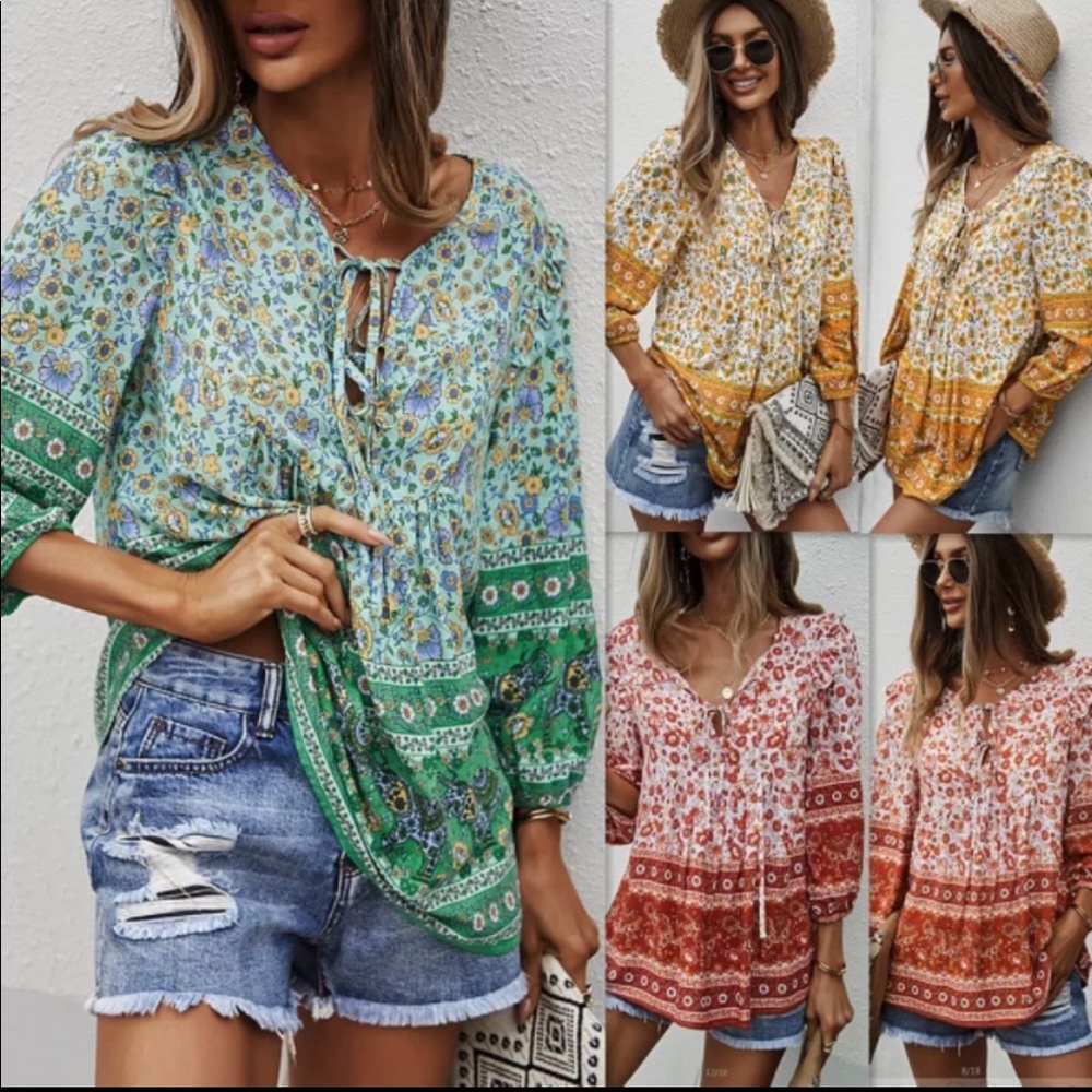 (last 1) ✨!New boho chick women’s flower blouse in color green - Picture 5 of 6